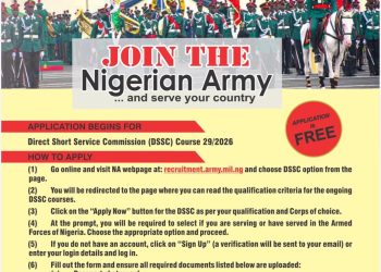 Nigerian Army opens applications for Direct Short Service Commission Course 29/2026