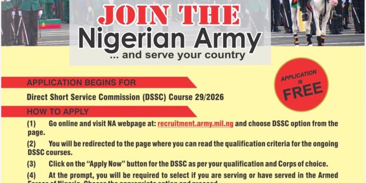 Nigerian Army opens applications for Direct Short Service Commission Course 29/2026