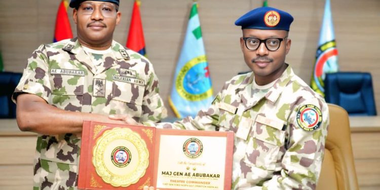 two soldiers standing side by side, holding an award